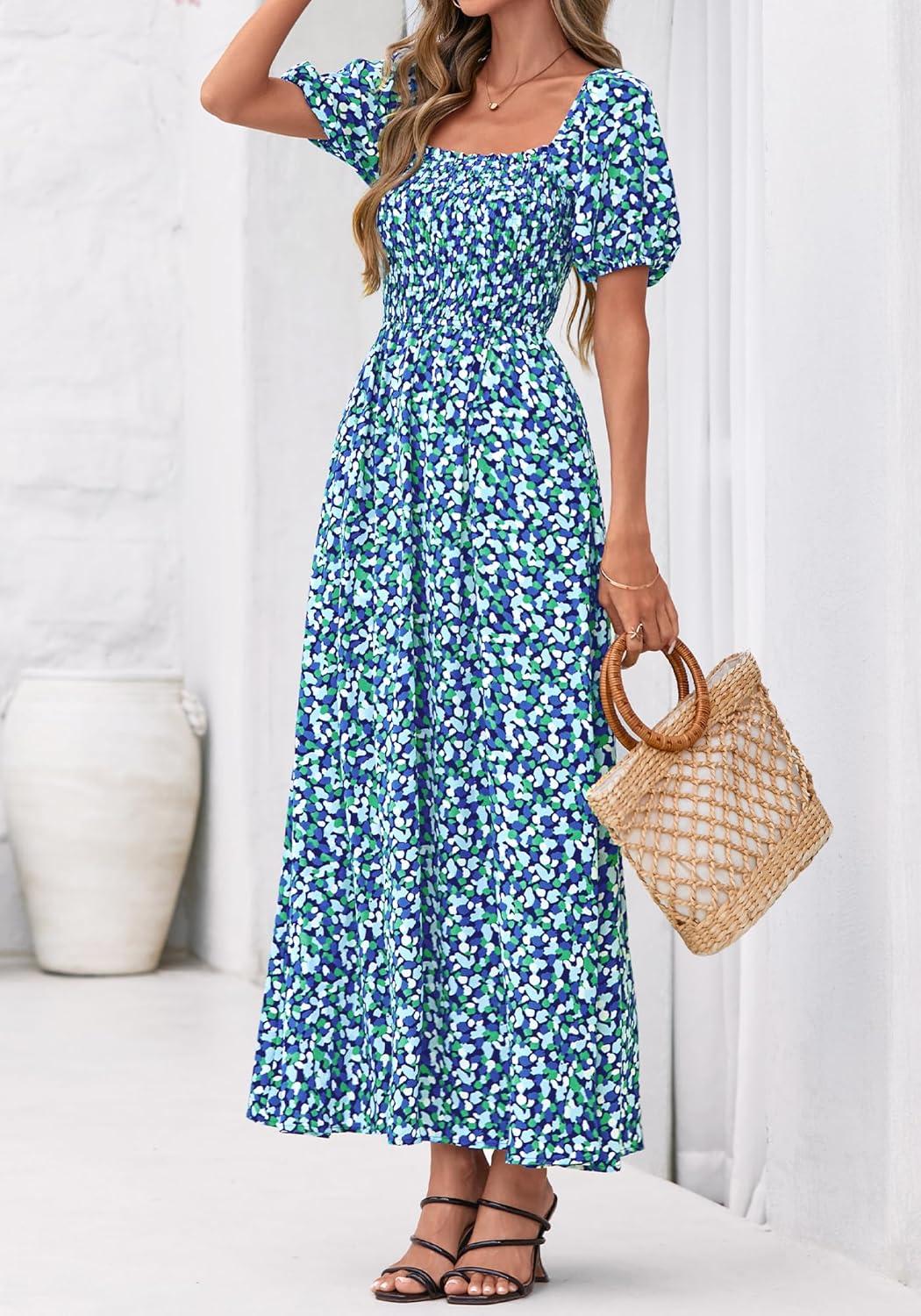 imageBTFBM Spring Summer Dresses for Women 2026 Puff Short Sleeve Smocked Floral Print Boho Beach Wedding Guest Maxi DressFloral Blue Green
