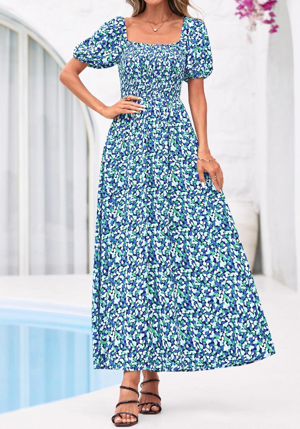imageBTFBM Spring Summer Dresses for Women 2026 Puff Short Sleeve Smocked Floral Print Boho Beach Wedding Guest Maxi DressFloral Blue Green
