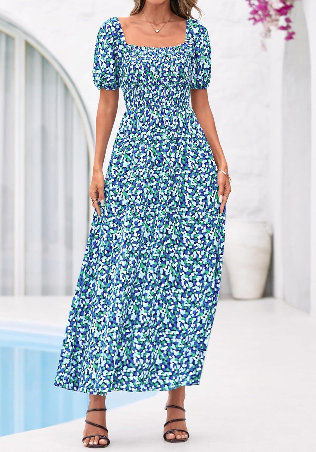 imageBTFBM Spring Summer Dresses for Women 2026 Puff Short Sleeve Smocked Floral Print Boho Beach Wedding Guest Maxi DressFloral Blue Green