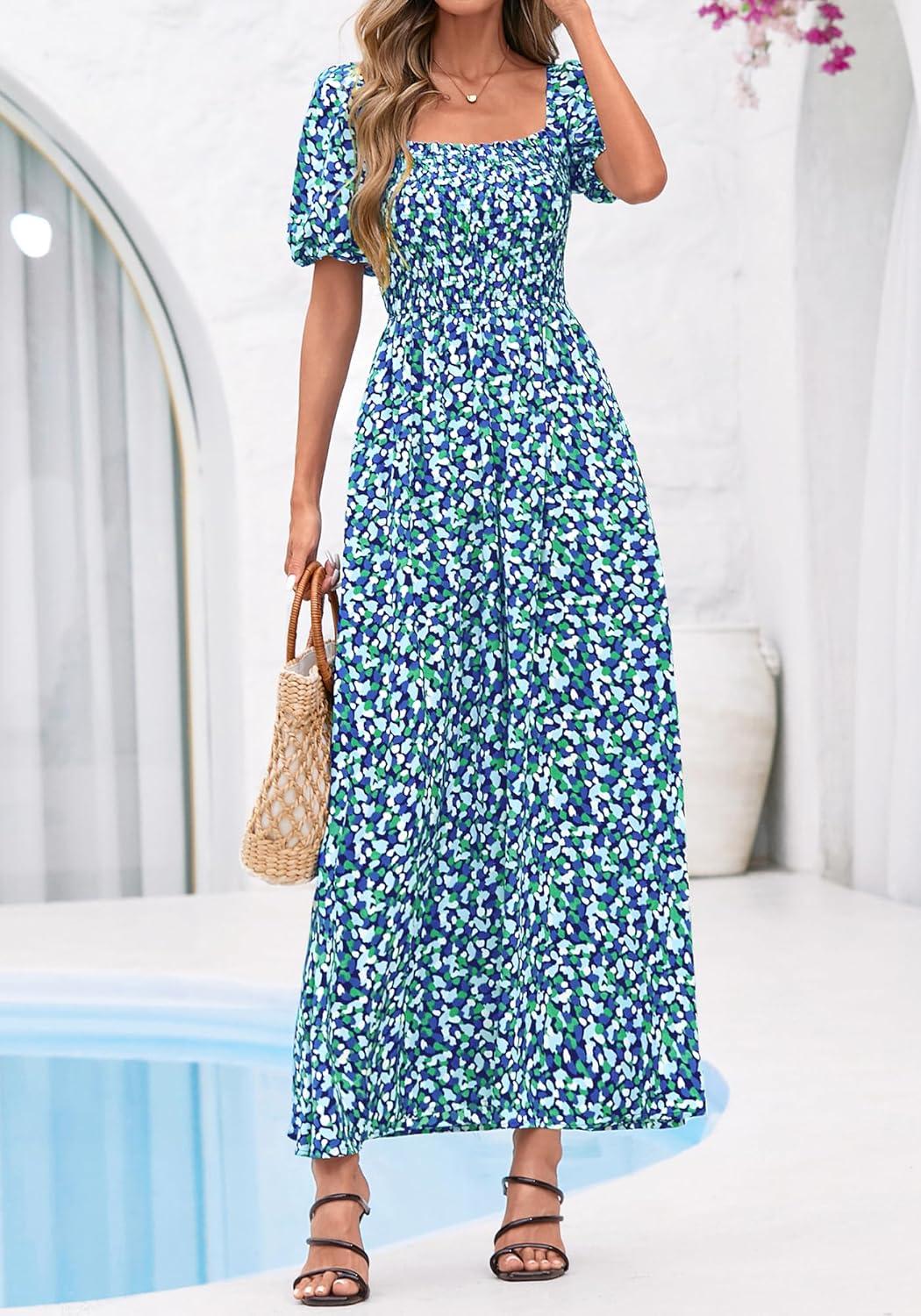 imageBTFBM Spring Summer Dresses for Women 2026 Puff Short Sleeve Smocked Floral Print Boho Beach Wedding Guest Maxi DressFloral Blue Green