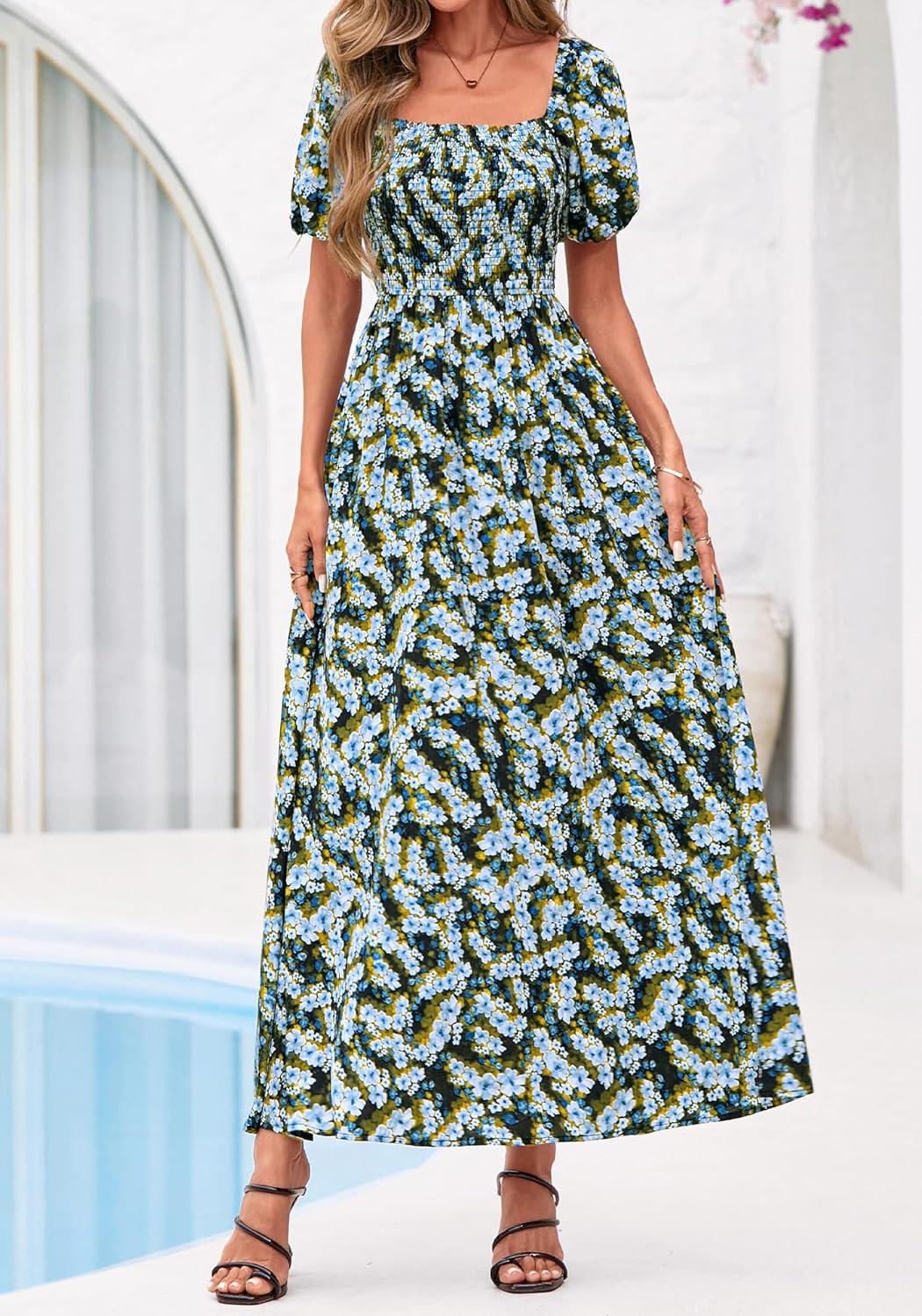 imageBTFBM Spring Summer Dresses for Women 2026 Puff Short Sleeve Smocked Floral Print Boho Beach Wedding Guest Maxi DressFloral Blue Yellow