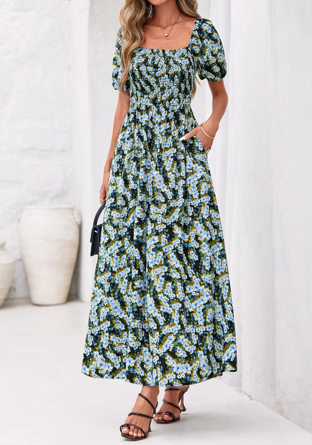 imageBTFBM Spring Summer Dresses for Women 2026 Puff Short Sleeve Smocked Floral Print Boho Beach Wedding Guest Maxi DressFloral Blue Yellow