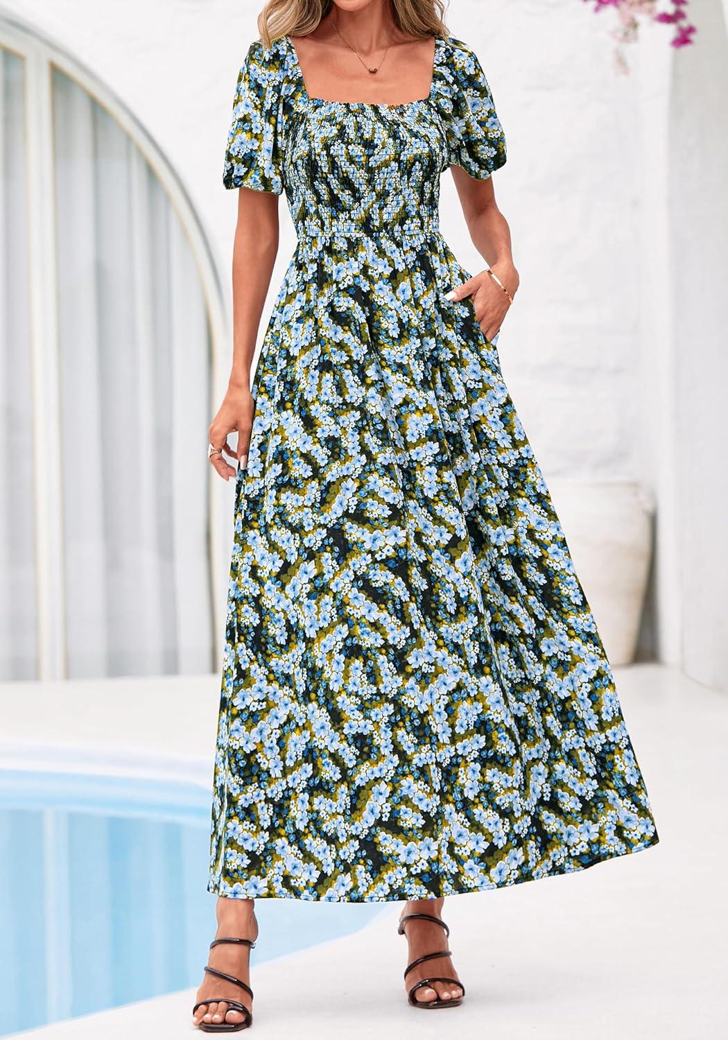 imageBTFBM Spring Summer Dresses for Women 2026 Puff Short Sleeve Smocked Floral Print Boho Beach Wedding Guest Maxi DressFloral Blue Yellow
