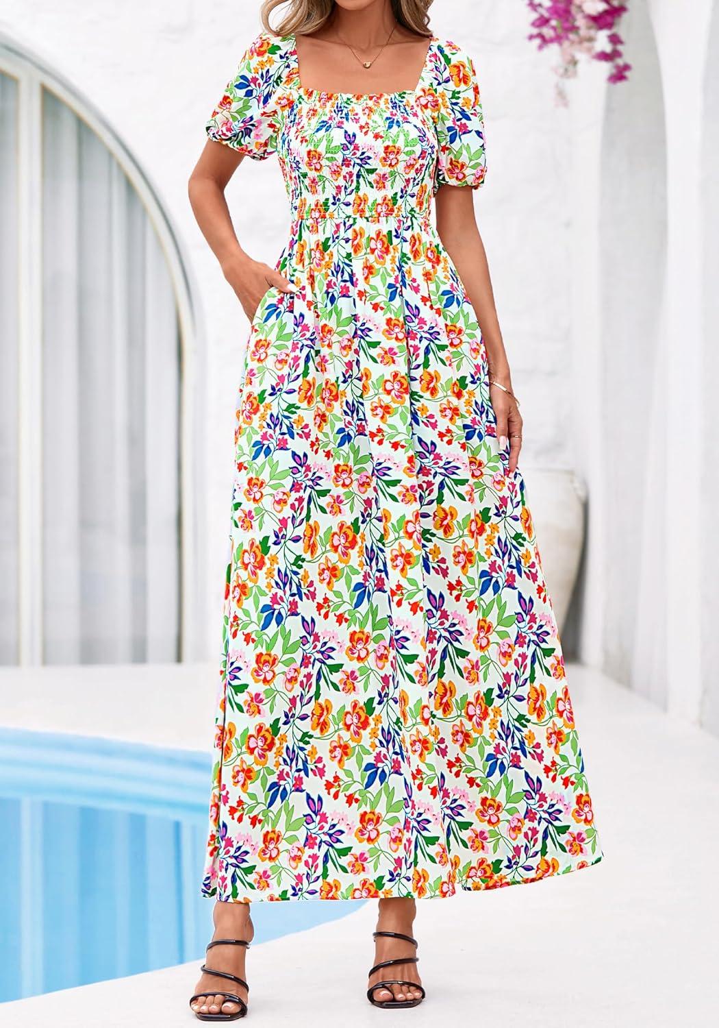 imageBTFBM Spring Summer Dresses for Women 2026 Puff Short Sleeve Smocked Floral Print Boho Beach Wedding Guest Maxi DressFloral Light Green Multi