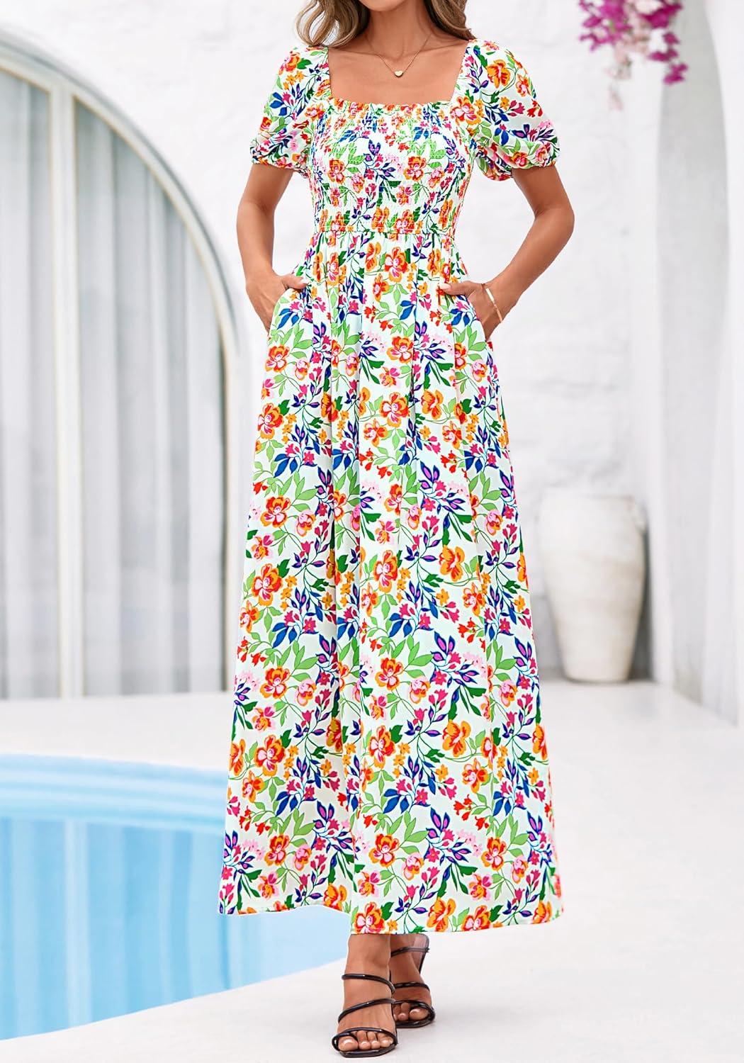 imageBTFBM Spring Summer Dresses for Women 2026 Puff Short Sleeve Smocked Floral Print Boho Beach Wedding Guest Maxi DressFloral Light Green Multi
