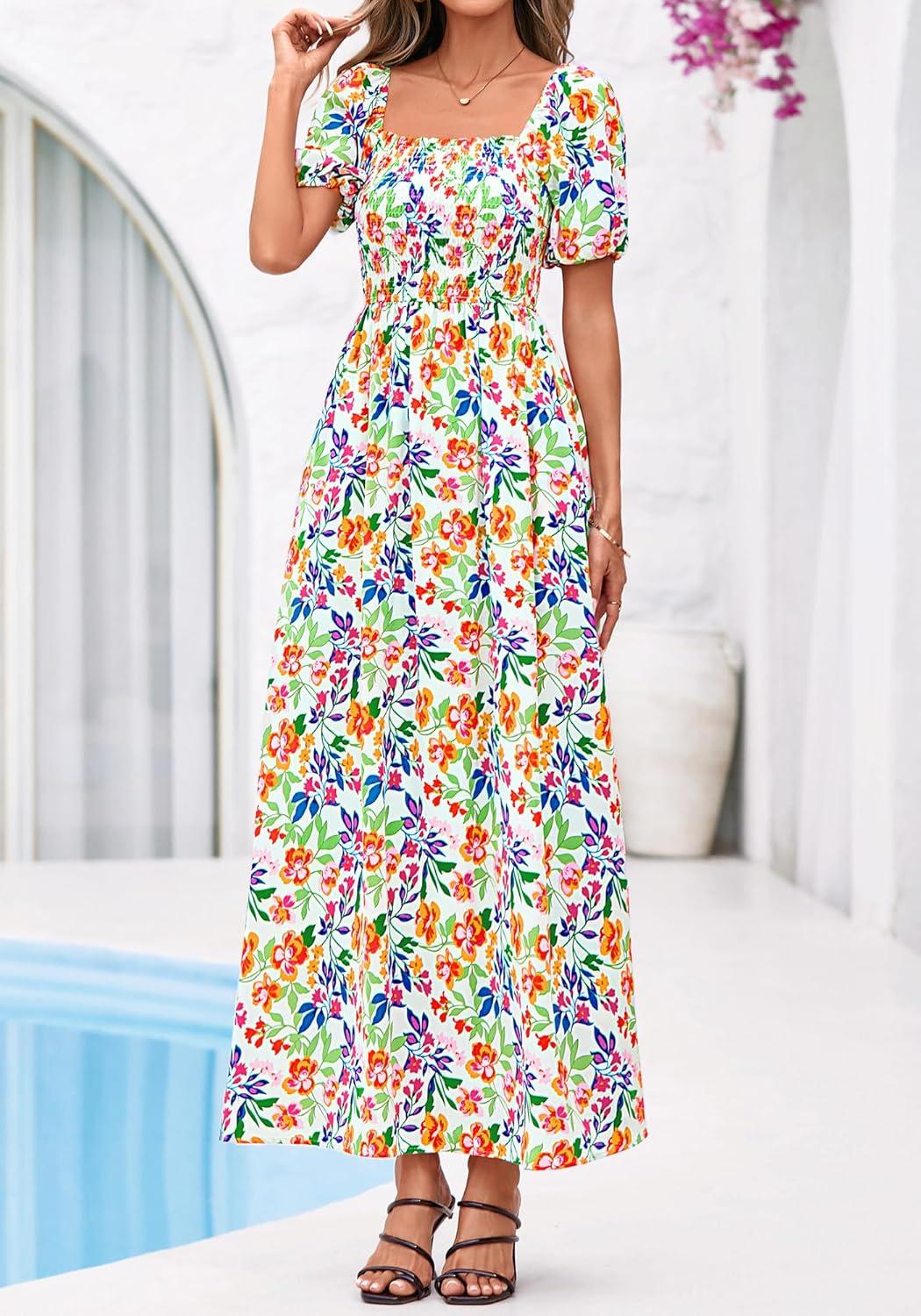 imageBTFBM Spring Summer Dresses for Women 2026 Puff Short Sleeve Smocked Floral Print Boho Beach Wedding Guest Maxi DressFloral Light Green Multi