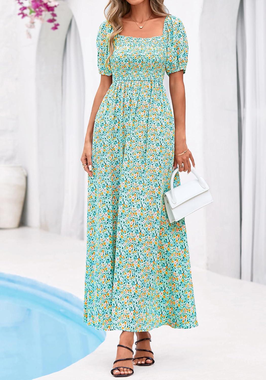 imageBTFBM Spring Summer Dresses for Women 2026 Puff Short Sleeve Smocked Floral Print Boho Beach Wedding Guest Maxi DressLight Green Flower