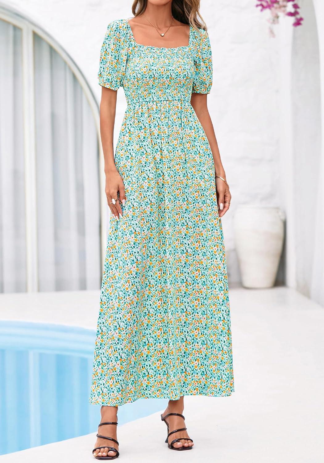 imageBTFBM Spring Summer Dresses for Women 2026 Puff Short Sleeve Smocked Floral Print Boho Beach Wedding Guest Maxi DressLight Green Flower