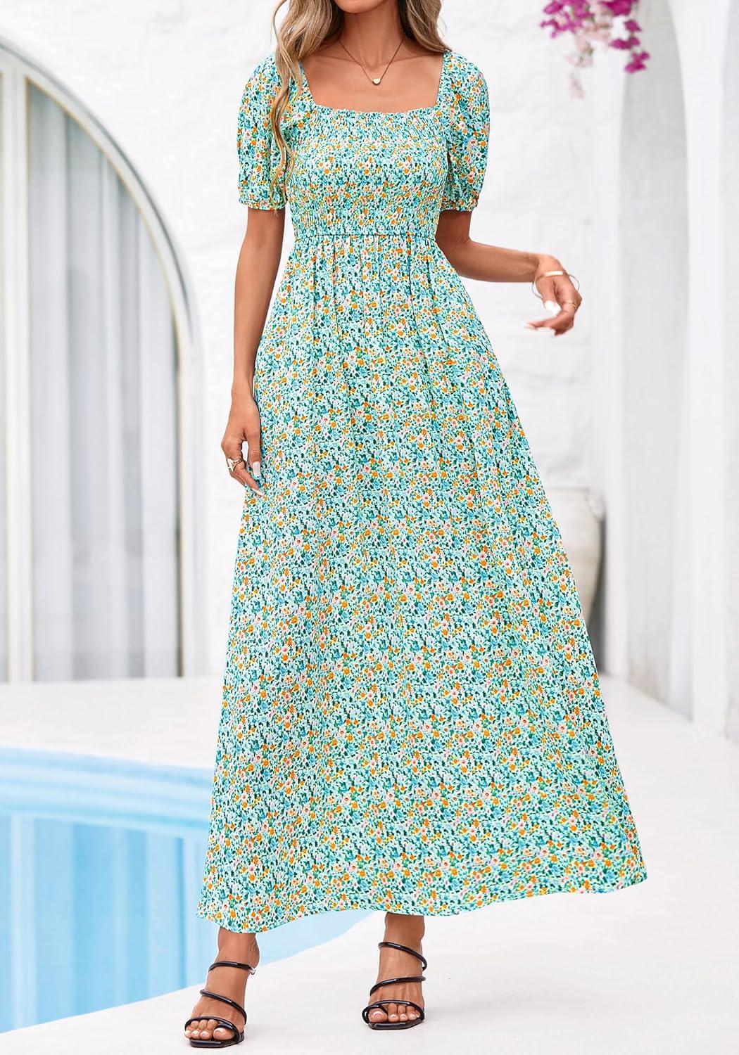 imageBTFBM Spring Summer Dresses for Women 2026 Puff Short Sleeve Smocked Floral Print Boho Beach Wedding Guest Maxi DressLight Green Flower