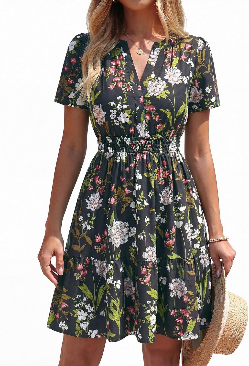 imageBTFBM Summer Dresses for Women 2026 Lightweight Casual Short Sleeve Floral Mini Dress A Line Beach Vacation SundressBlack Pink Flower