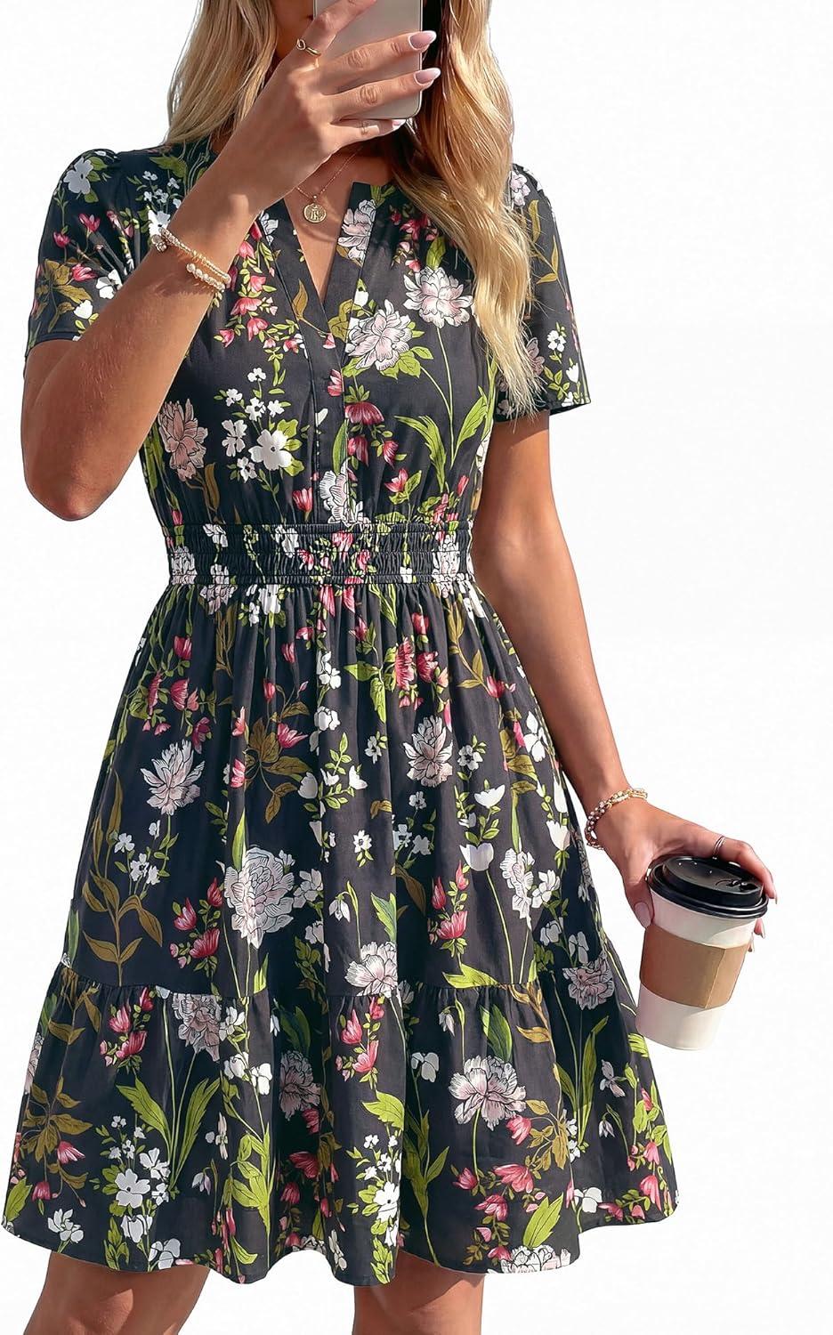 imageBTFBM Summer Dresses for Women 2026 Lightweight Casual Short Sleeve Floral Mini Dress A Line Beach Vacation SundressBlack Pink Flower