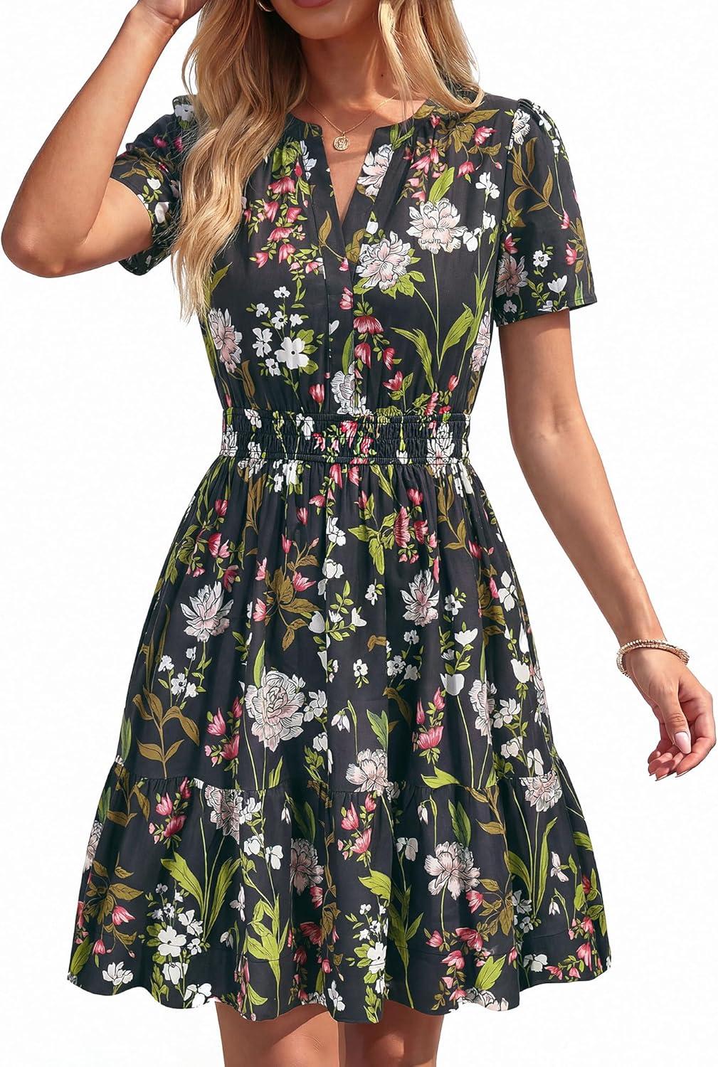 imageBTFBM Summer Dresses for Women 2026 Lightweight Casual Short Sleeve Floral Mini Dress A Line Beach Vacation SundressBlack Pink Flower