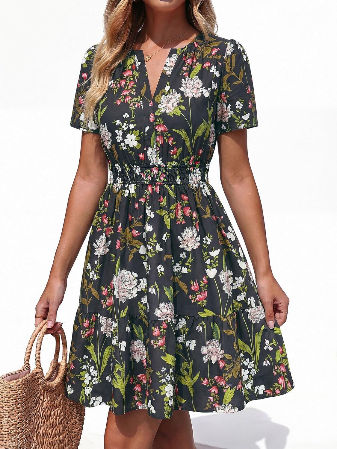 imageBTFBM Summer Dresses for Women 2026 Lightweight Casual Short Sleeve Floral Mini Dress A Line Beach Vacation SundressBlack Pink Flower