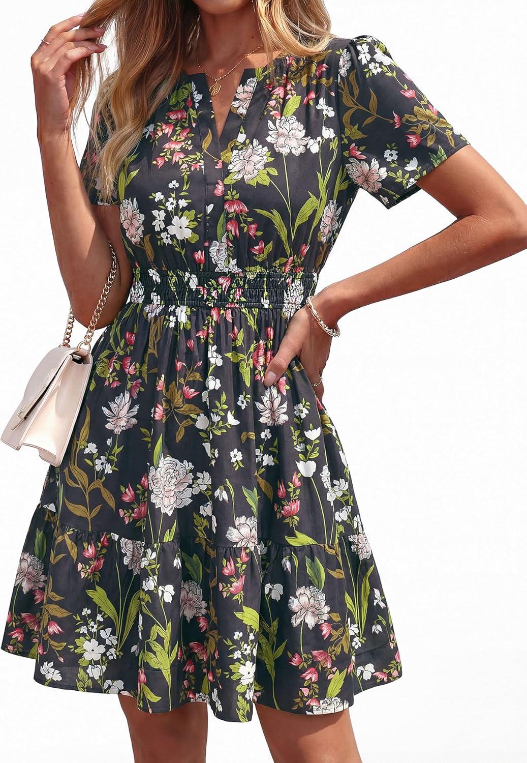 imageBTFBM Summer Dresses for Women 2026 Lightweight Casual Short Sleeve Floral Mini Dress A Line Beach Vacation SundressBlack Pink Flower