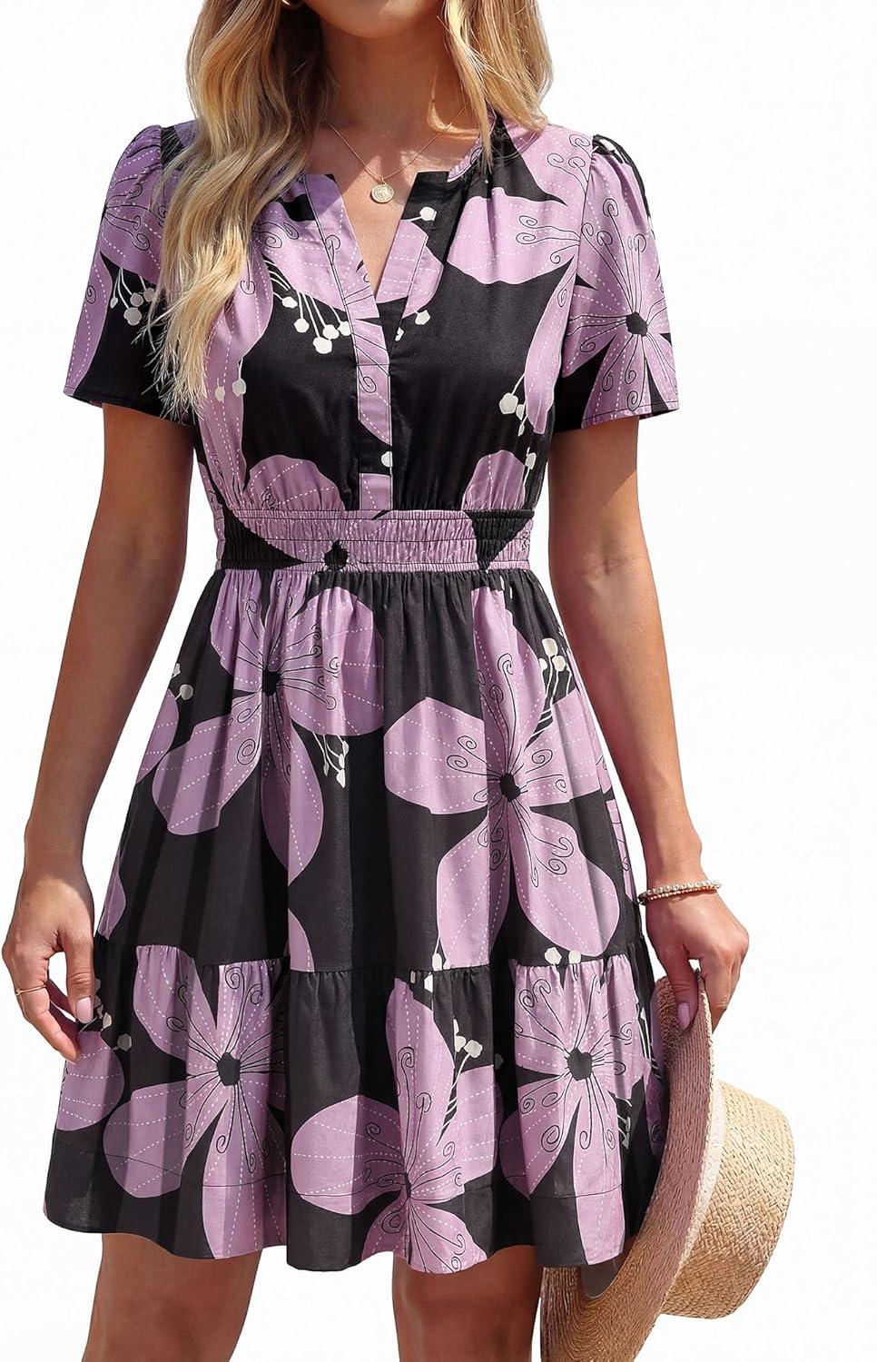 imageBTFBM Summer Dresses for Women 2026 Lightweight Casual Short Sleeve Floral Mini Dress A Line Beach Vacation SundressBlack Purple Flower