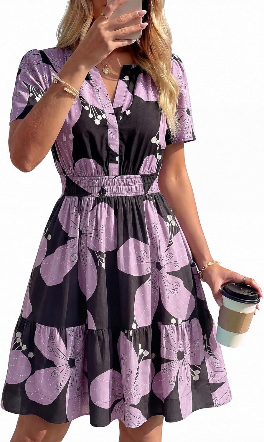 imageBTFBM Summer Dresses for Women 2026 Lightweight Casual Short Sleeve Floral Mini Dress A Line Beach Vacation SundressBlack Purple Flower