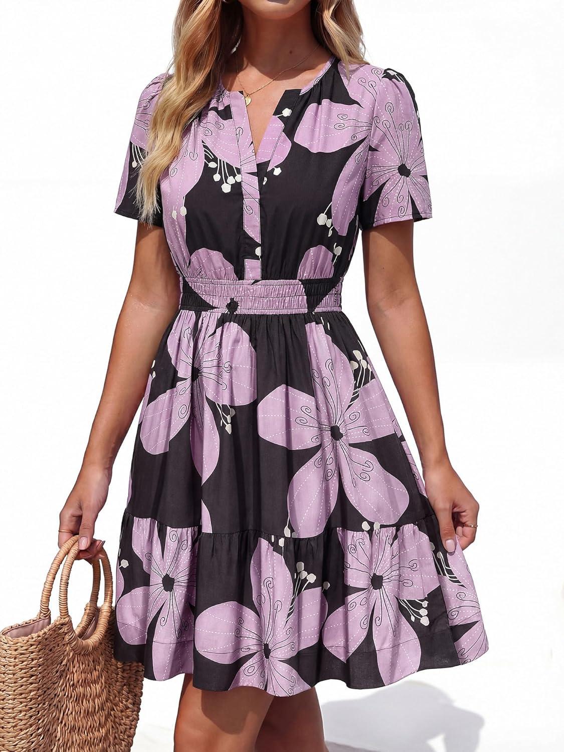 imageBTFBM Summer Dresses for Women 2026 Lightweight Casual Short Sleeve Floral Mini Dress A Line Beach Vacation SundressBlack Purple Flower