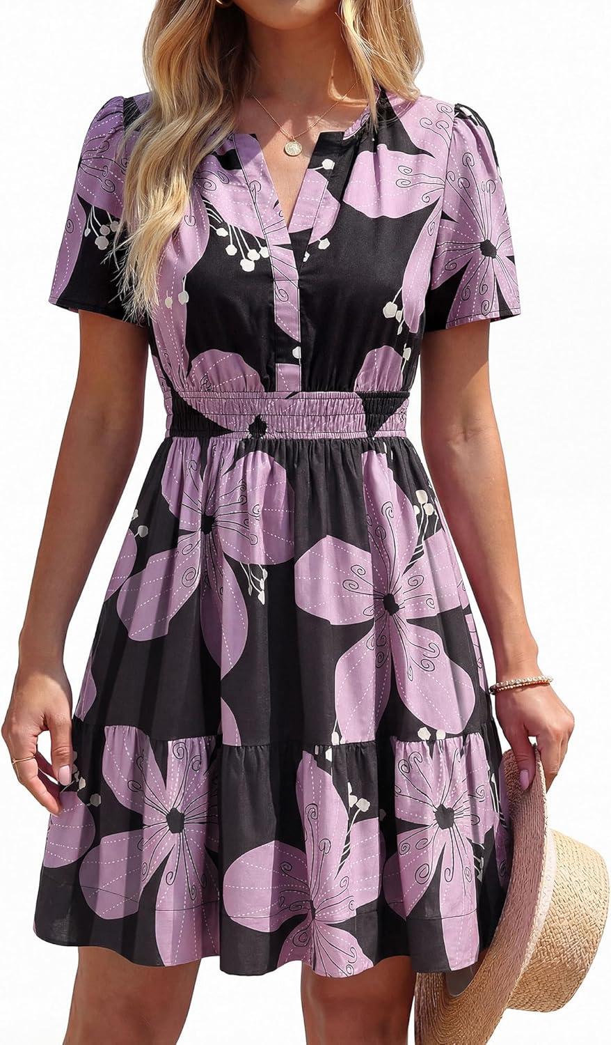 imageBTFBM Summer Dresses for Women 2026 Lightweight Casual Short Sleeve Floral Mini Dress A Line Beach Vacation SundressBlack Purple Flower