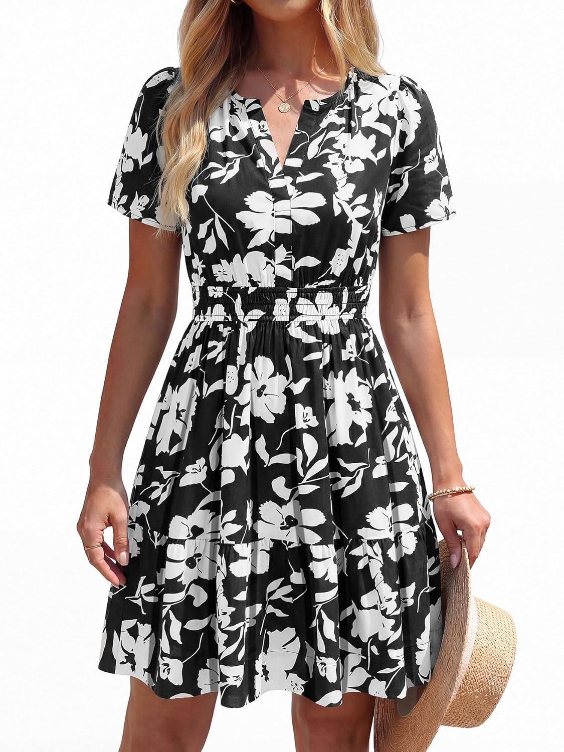 imageBTFBM Summer Dresses for Women 2026 Lightweight Casual Short Sleeve Floral Mini Dress A Line Beach Vacation SundressBlack White Flower