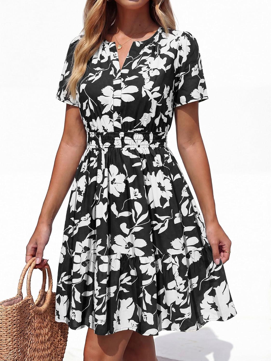 imageBTFBM Summer Dresses for Women 2026 Lightweight Casual Short Sleeve Floral Mini Dress A Line Beach Vacation SundressBlack White Flower