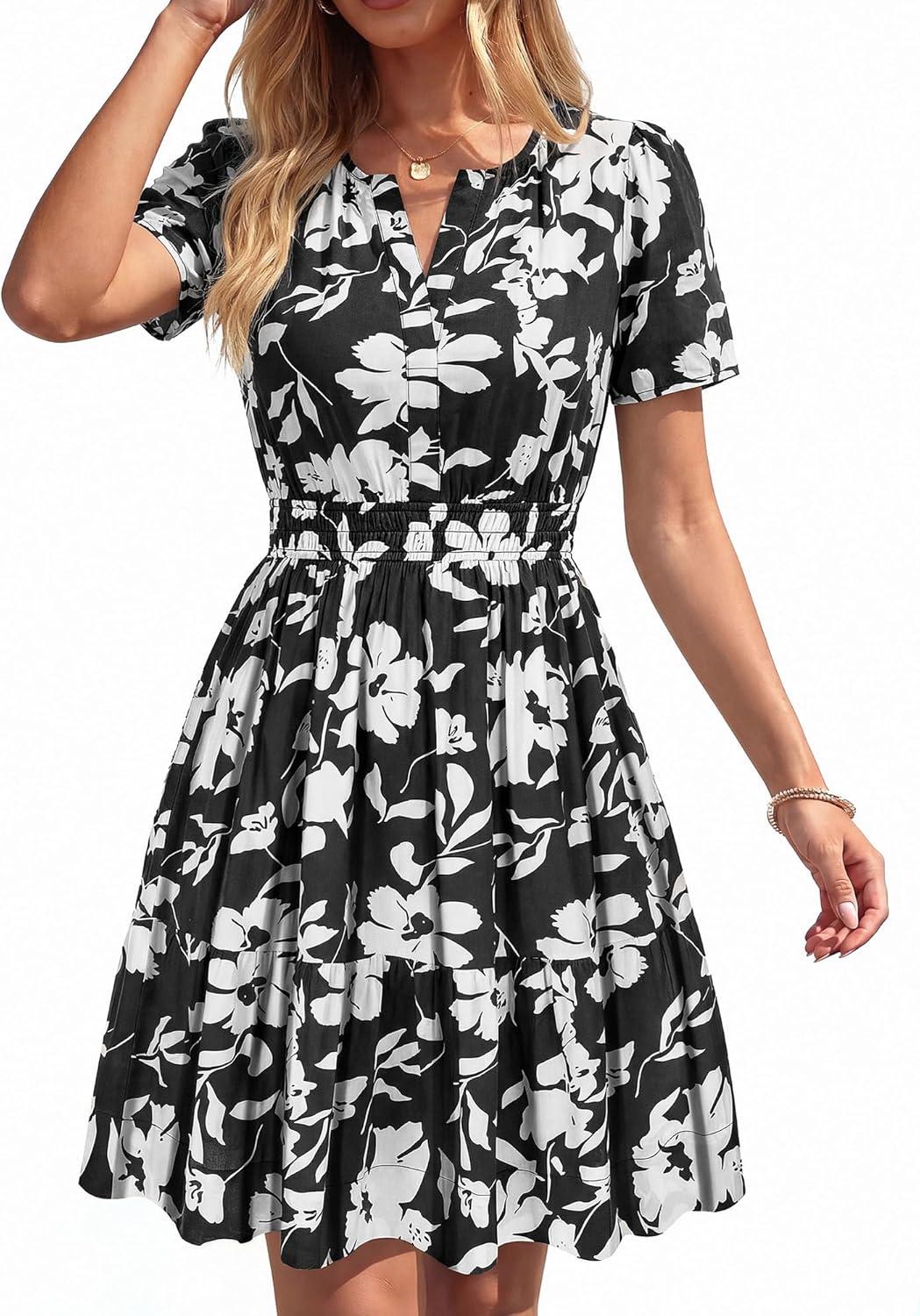 imageBTFBM Summer Dresses for Women 2026 Lightweight Casual Short Sleeve Floral Mini Dress A Line Beach Vacation SundressBlack White Flower