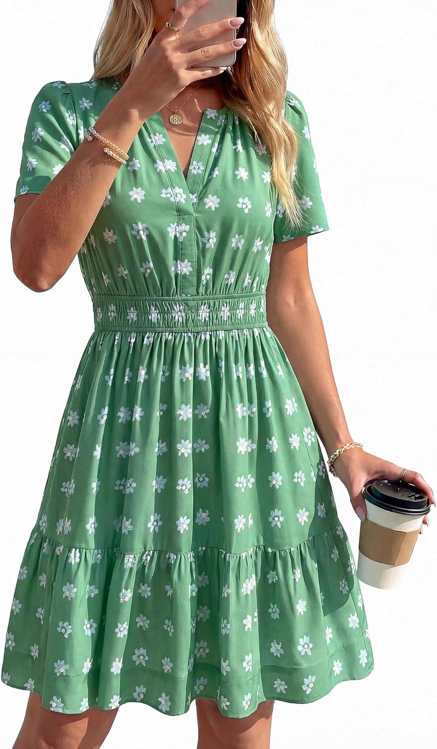 imageBTFBM Summer Dresses for Women 2026 Lightweight Casual Short Sleeve Floral Mini Dress A Line Beach Vacation SundressGreen