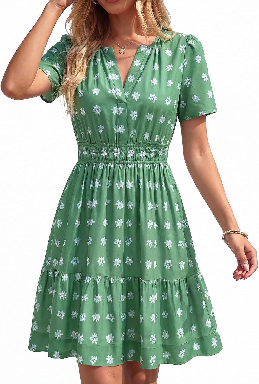 imageBTFBM Summer Dresses for Women 2026 Lightweight Casual Short Sleeve Floral Mini Dress A Line Beach Vacation SundressGreen
