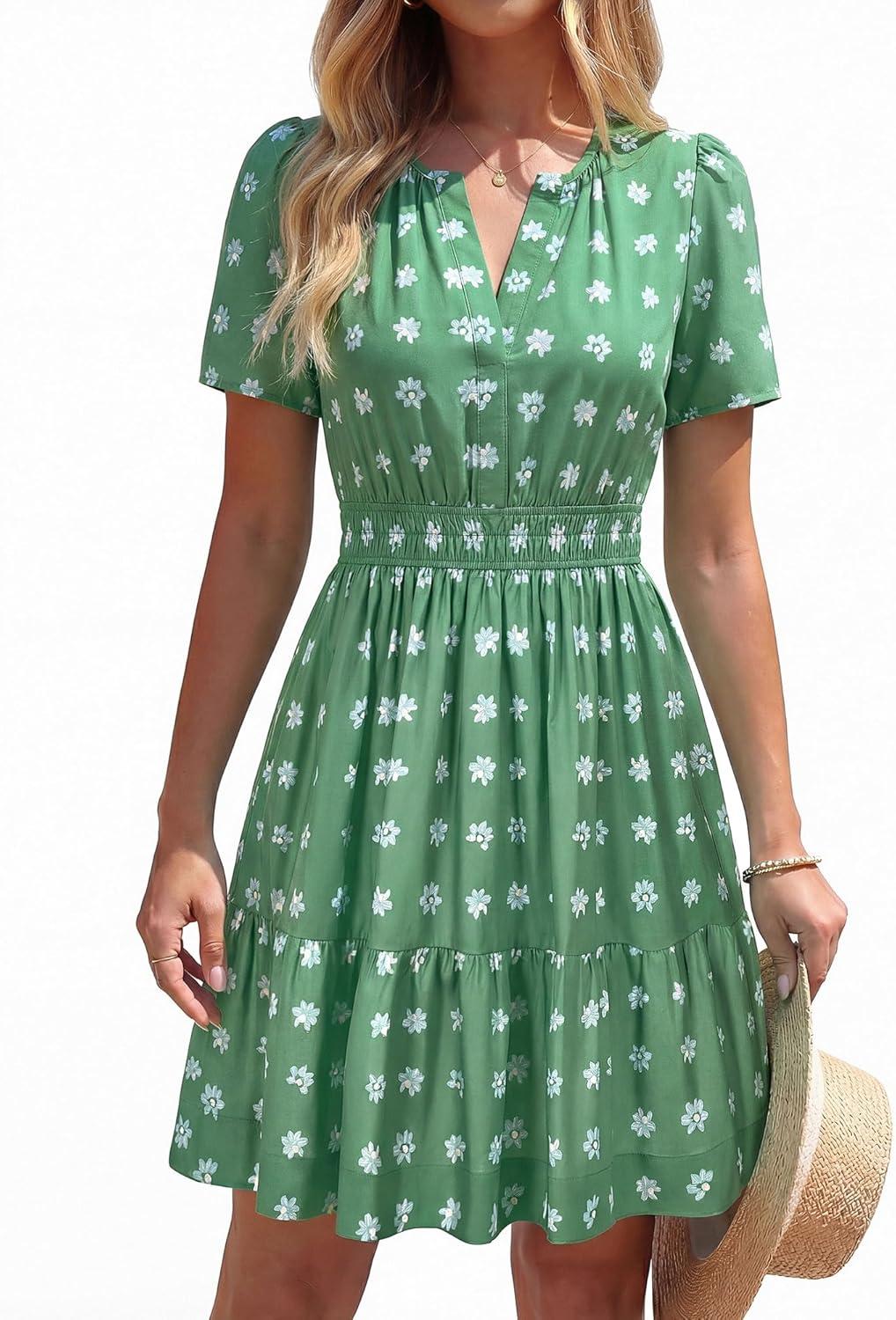 imageBTFBM Summer Dresses for Women 2026 Lightweight Casual Short Sleeve Floral Mini Dress A Line Beach Vacation SundressGreen