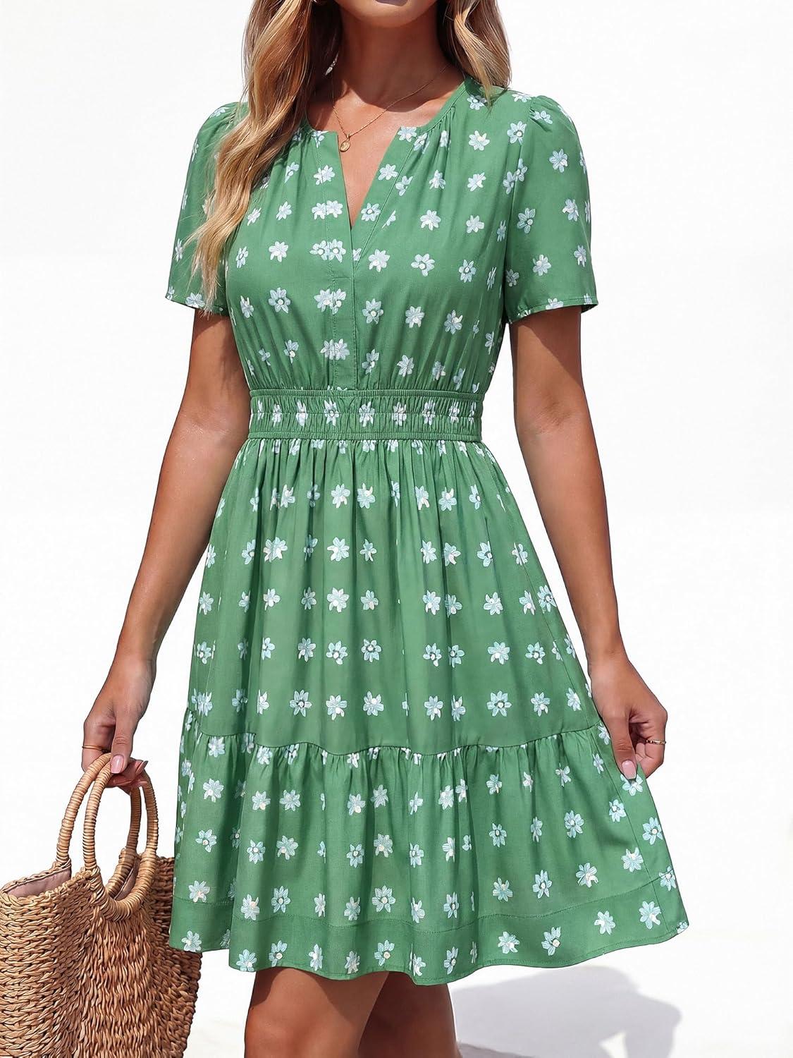 imageBTFBM Summer Dresses for Women 2026 Lightweight Casual Short Sleeve Floral Mini Dress A Line Beach Vacation SundressGreen
