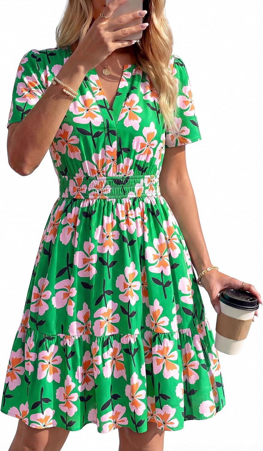 imageBTFBM Summer Dresses for Women 2026 Lightweight Casual Short Sleeve Floral Mini Dress A Line Beach Vacation SundressGreen Pink Flower
