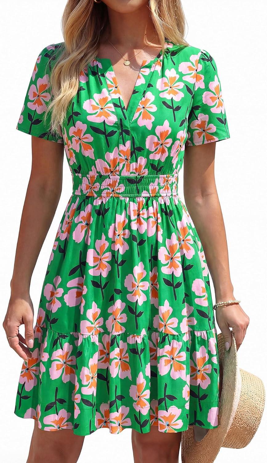 imageBTFBM Summer Dresses for Women 2026 Lightweight Casual Short Sleeve Floral Mini Dress A Line Beach Vacation SundressGreen Pink Flower