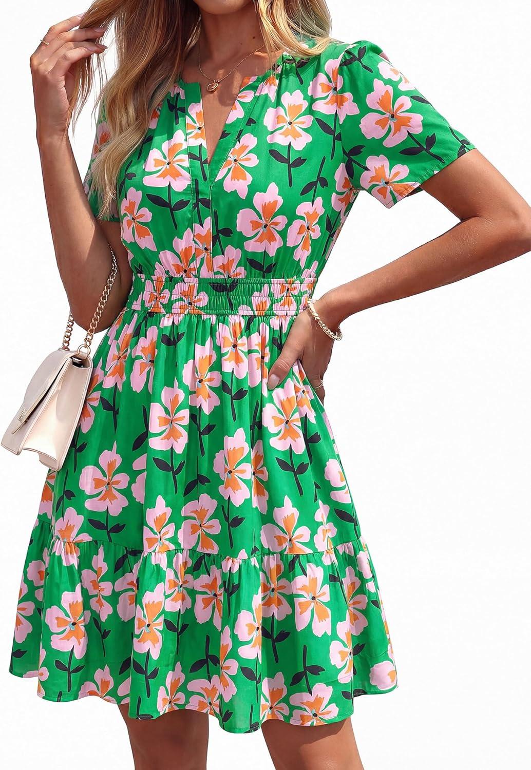 imageBTFBM Summer Dresses for Women 2026 Lightweight Casual Short Sleeve Floral Mini Dress A Line Beach Vacation SundressGreen Pink Flower