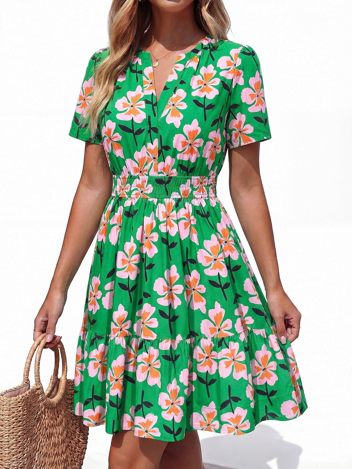 imageBTFBM Summer Dresses for Women 2026 Lightweight Casual Short Sleeve Floral Mini Dress A Line Beach Vacation SundressGreen Pink Flower
