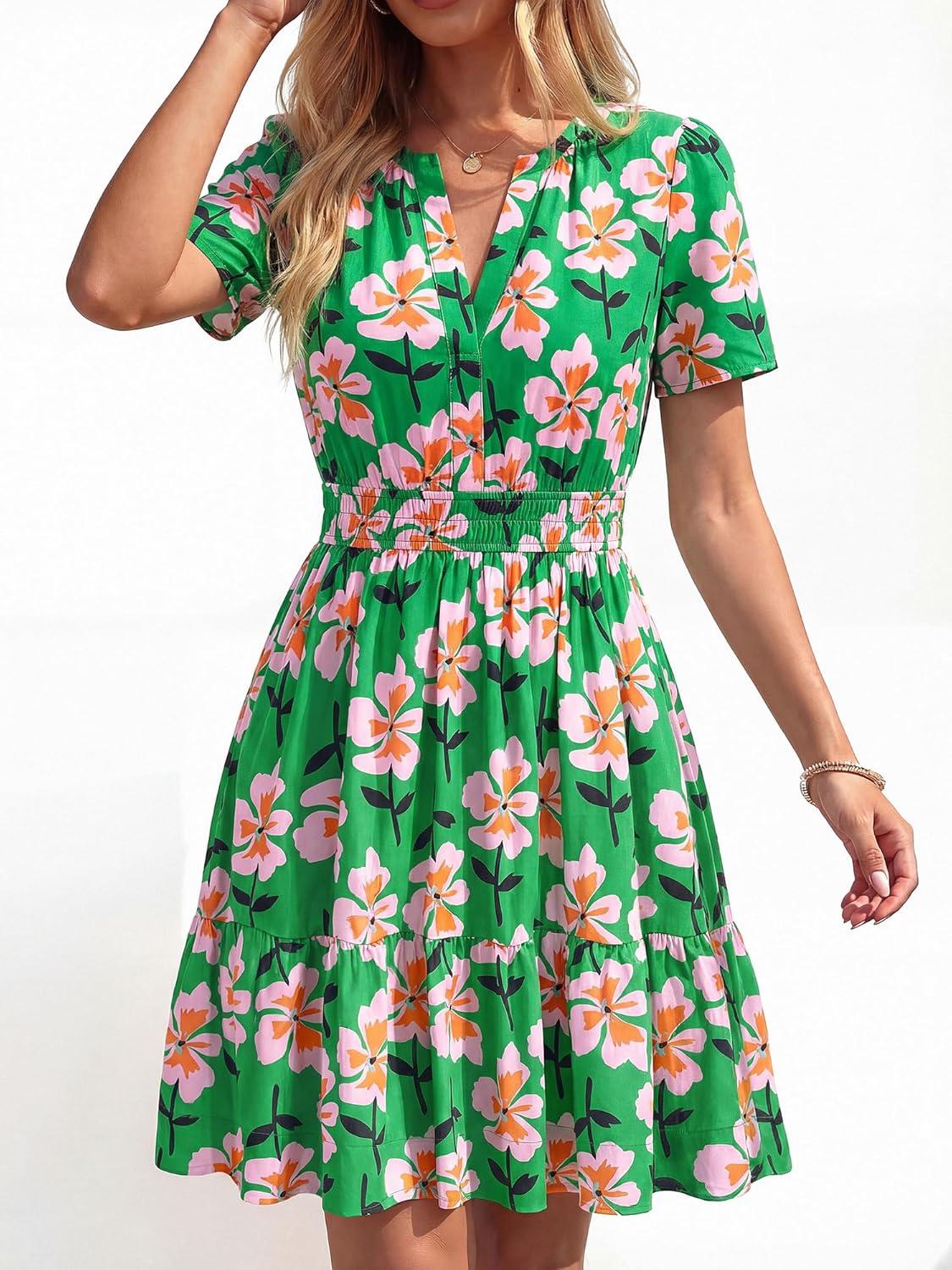 imageBTFBM Summer Dresses for Women 2026 Lightweight Casual Short Sleeve Floral Mini Dress A Line Beach Vacation SundressGreen Pink Flower
