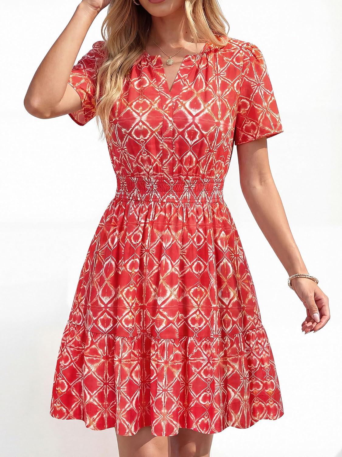 imageBTFBM Summer Dresses for Women 2026 Lightweight Casual Short Sleeve Floral Mini Dress A Line Beach Vacation SundressRed