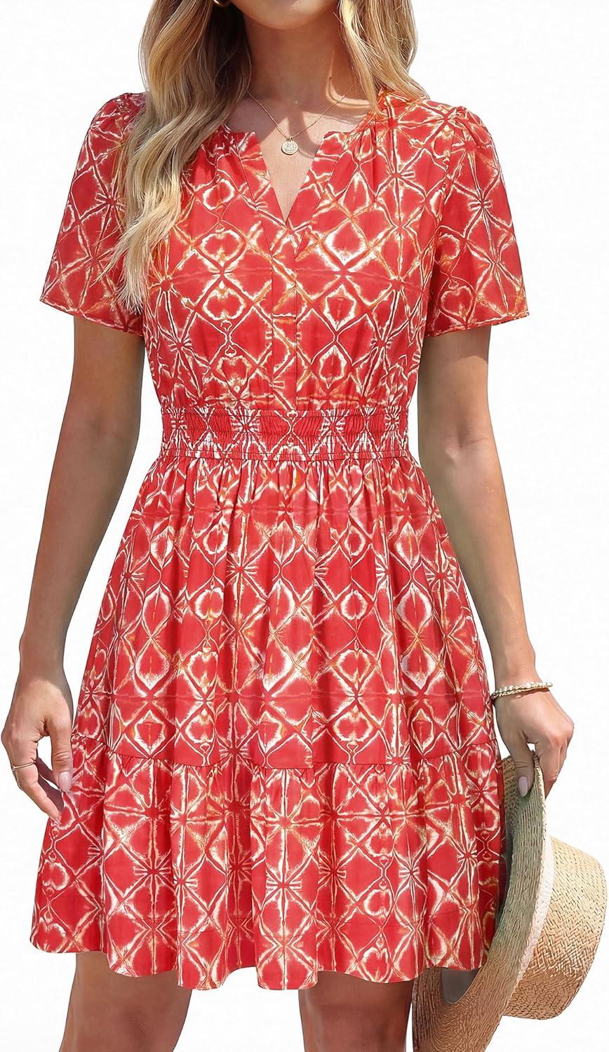 imageBTFBM Summer Dresses for Women 2026 Lightweight Casual Short Sleeve Floral Mini Dress A Line Beach Vacation SundressRed