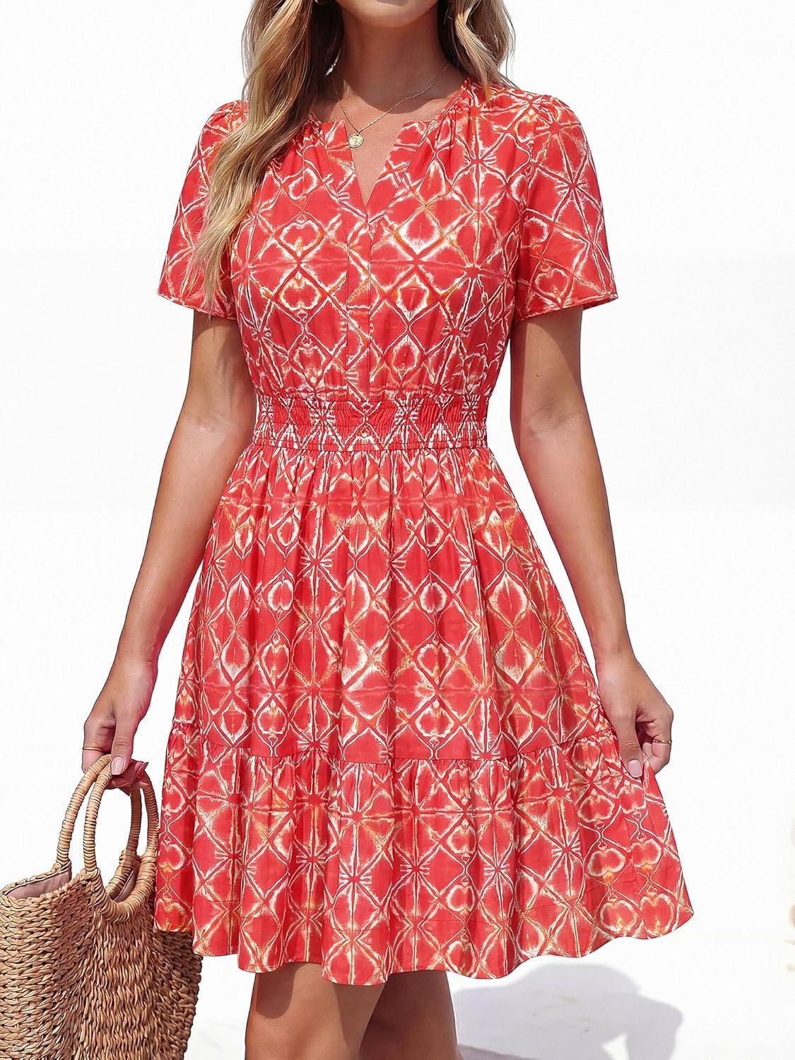 imageBTFBM Summer Dresses for Women 2026 Lightweight Casual Short Sleeve Floral Mini Dress A Line Beach Vacation SundressRed