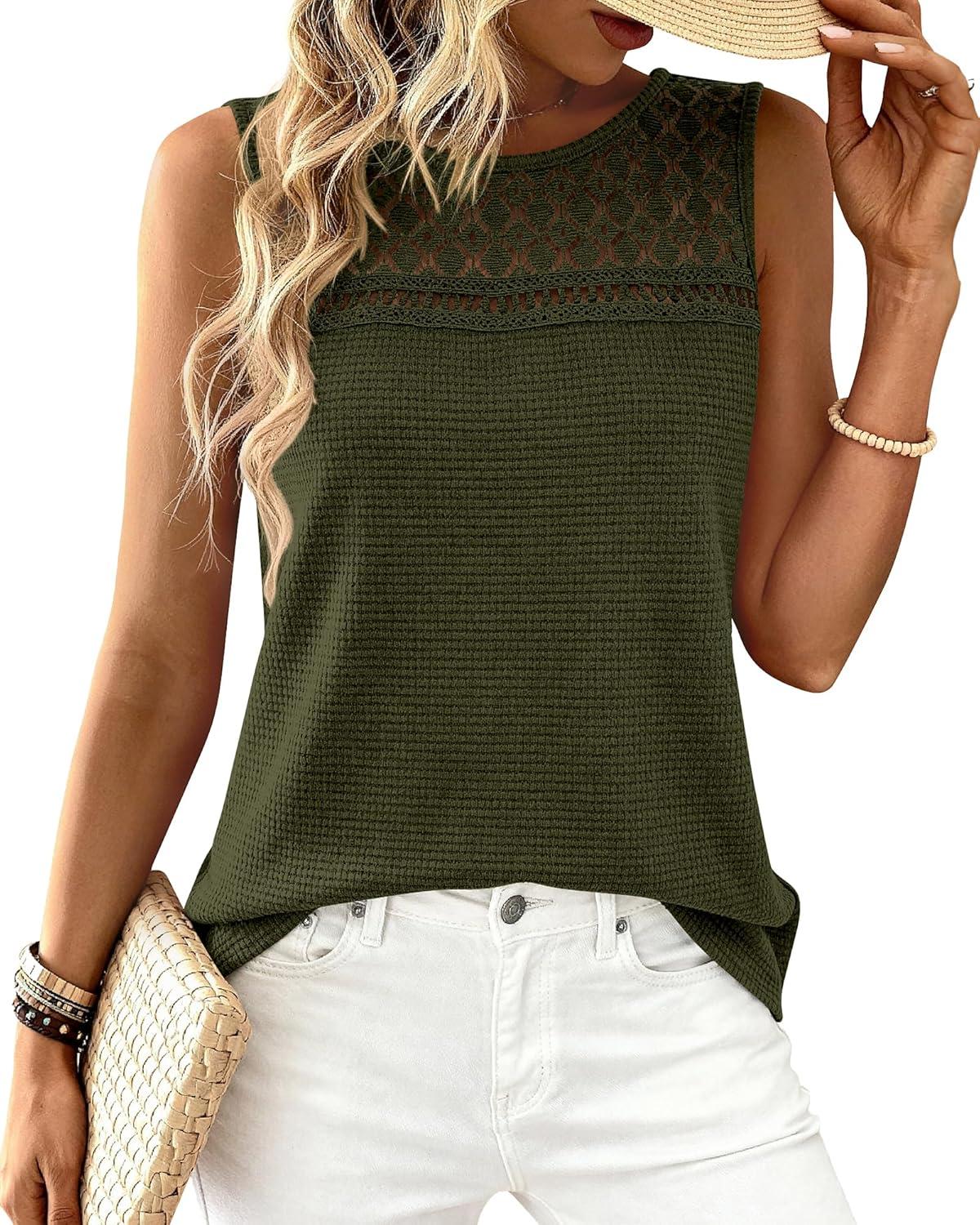 imageBTFBM Tank Top for Women 2026 Sleeveless Shirts Waffle Knit Vest Crew Neck Casual Outfits Loose Blouses Summer TopsArmy Green