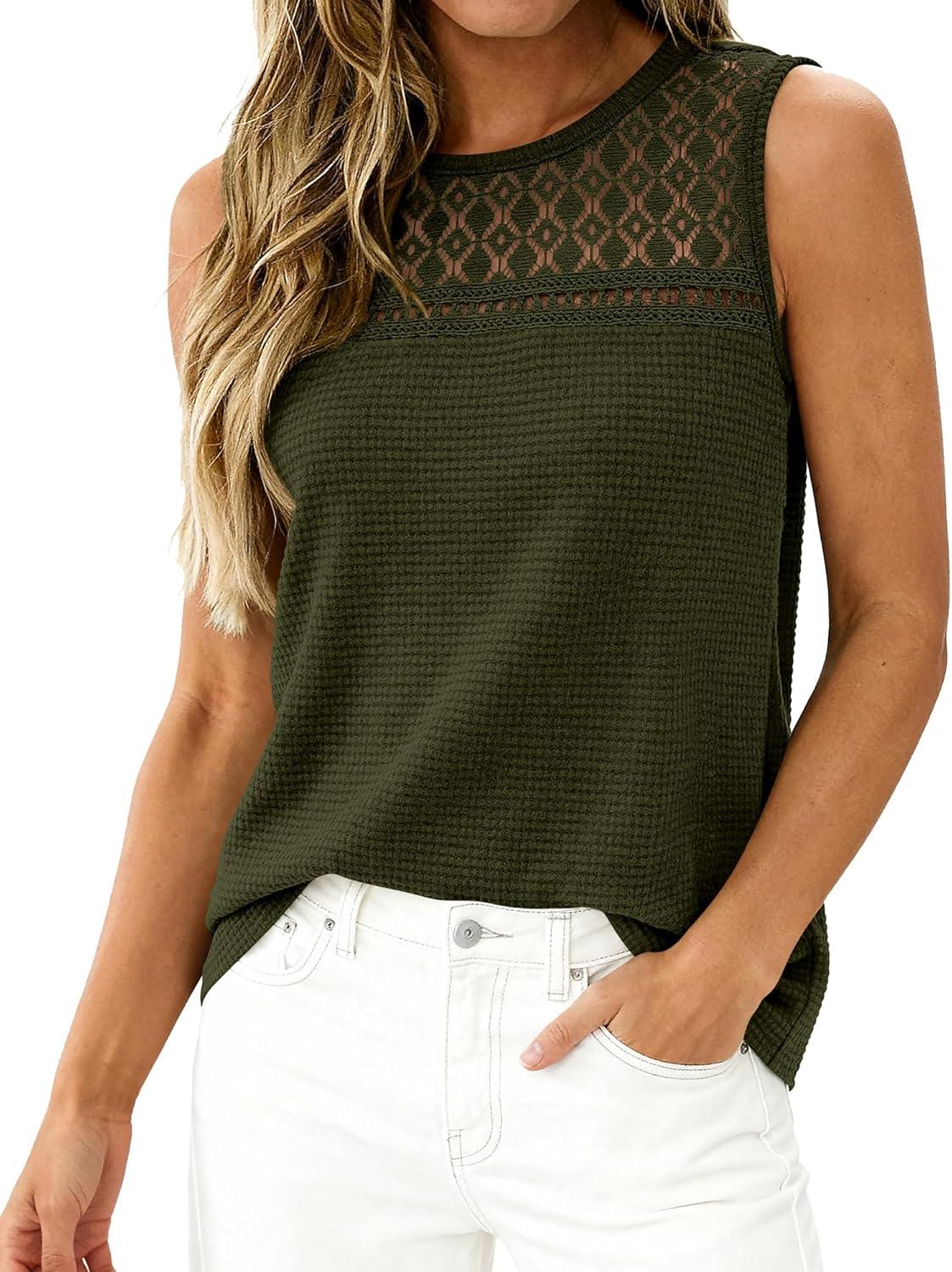 imageBTFBM Tank Top for Women 2026 Sleeveless Shirts Waffle Knit Vest Crew Neck Casual Outfits Loose Blouses Summer TopsArmy Green