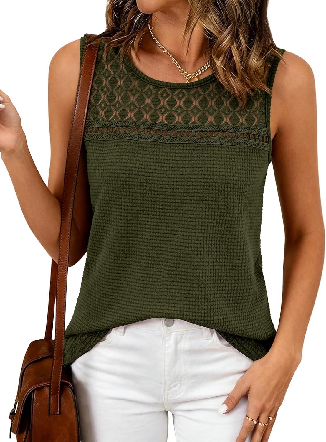 imageBTFBM Tank Top for Women 2026 Sleeveless Shirts Waffle Knit Vest Crew Neck Casual Outfits Loose Blouses Summer TopsArmy Green