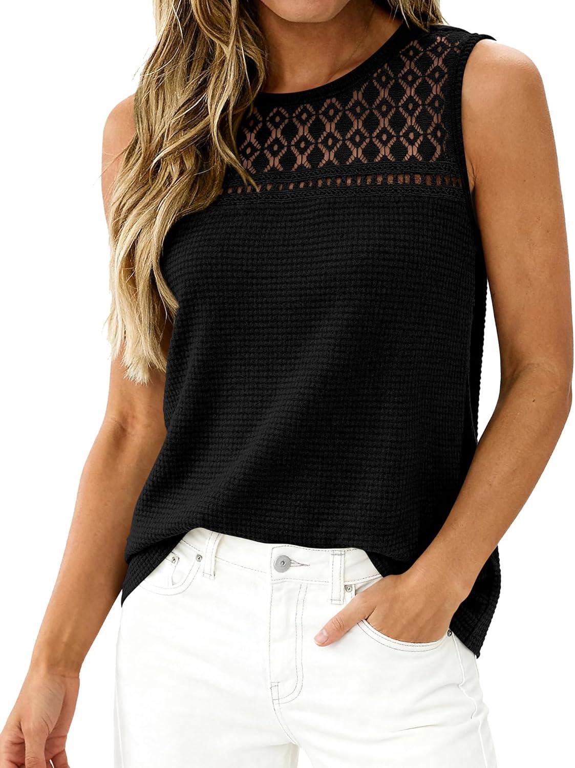 imageBTFBM Tank Top for Women 2026 Sleeveless Shirts Waffle Knit Vest Crew Neck Casual Outfits Loose Blouses Summer TopsBlack