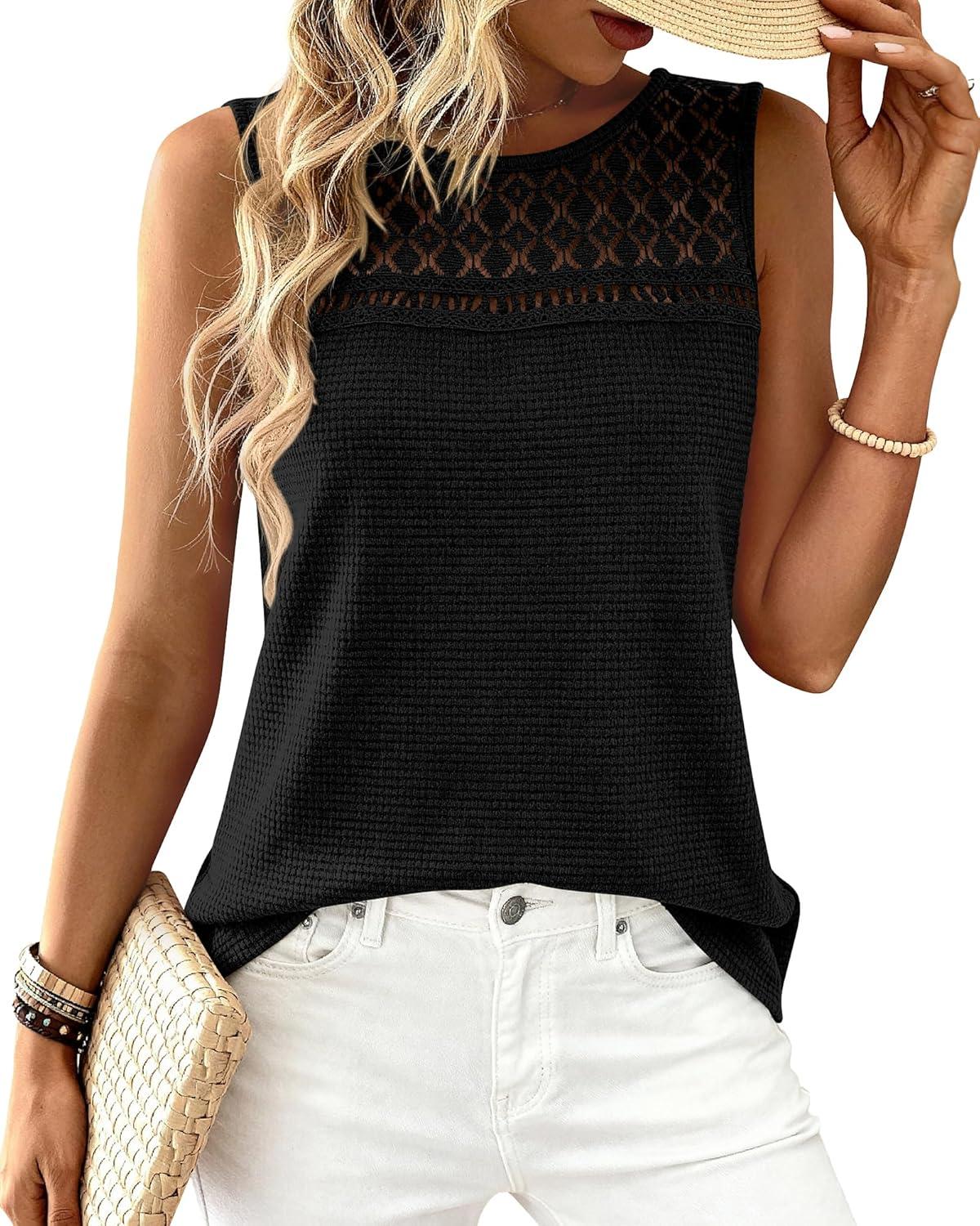 imageBTFBM Tank Top for Women 2026 Sleeveless Shirts Waffle Knit Vest Crew Neck Casual Outfits Loose Blouses Summer TopsBlack