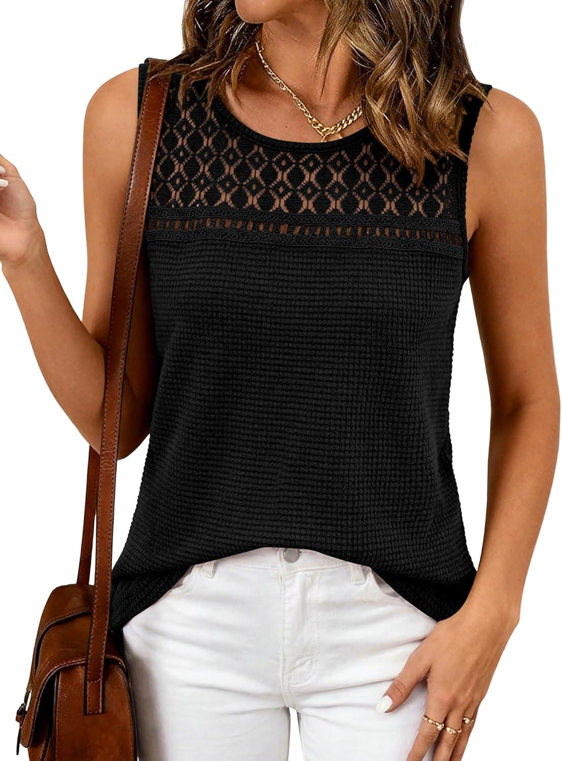 imageBTFBM Tank Top for Women 2026 Sleeveless Shirts Waffle Knit Vest Crew Neck Casual Outfits Loose Blouses Summer TopsBlack