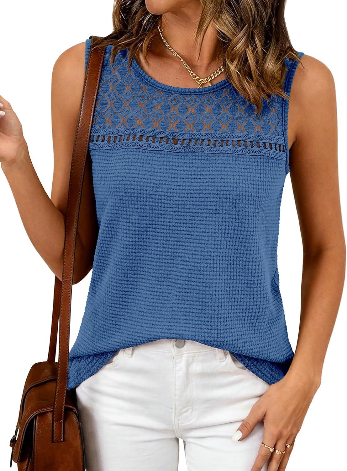 imageBTFBM Tank Top for Women 2026 Sleeveless Shirts Waffle Knit Vest Crew Neck Casual Outfits Loose Blouses Summer TopsBlue