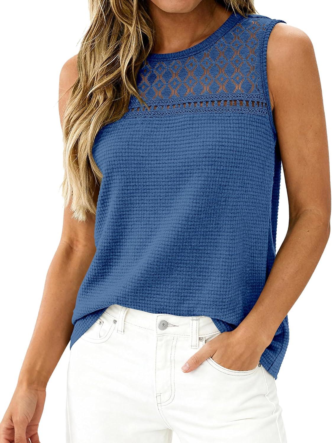 imageBTFBM Tank Top for Women 2026 Sleeveless Shirts Waffle Knit Vest Crew Neck Casual Outfits Loose Blouses Summer TopsBlue
