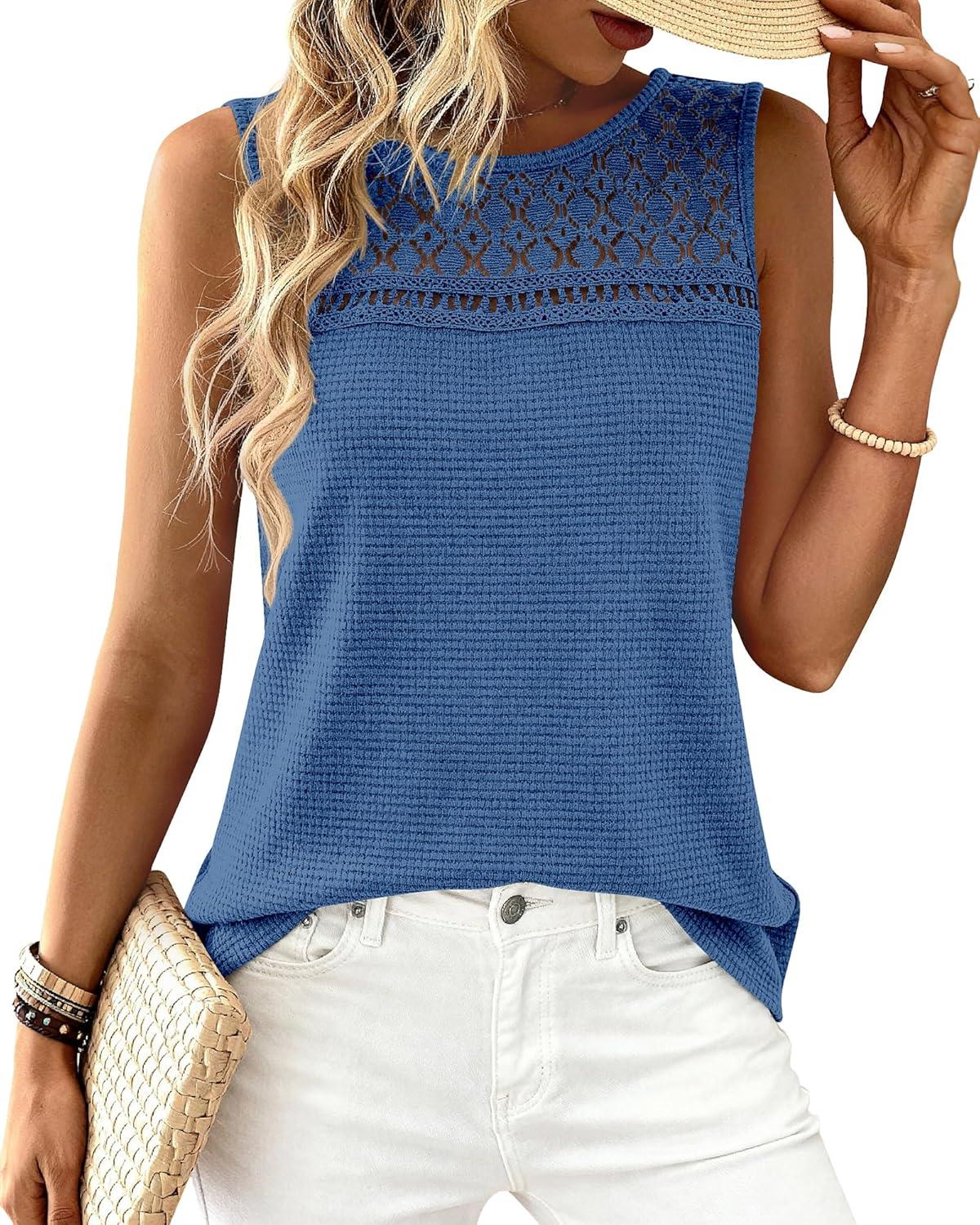 imageBTFBM Tank Top for Women 2026 Sleeveless Shirts Waffle Knit Vest Crew Neck Casual Outfits Loose Blouses Summer TopsBlue