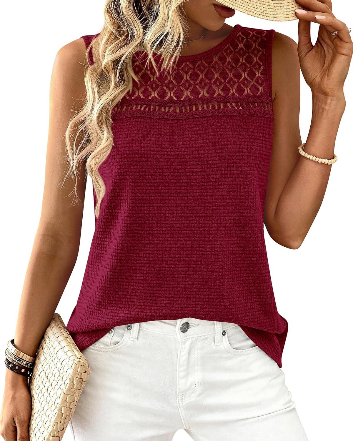 imageBTFBM Tank Top for Women 2026 Sleeveless Shirts Waffle Knit Vest Crew Neck Casual Outfits Loose Blouses Summer TopsBurgundy