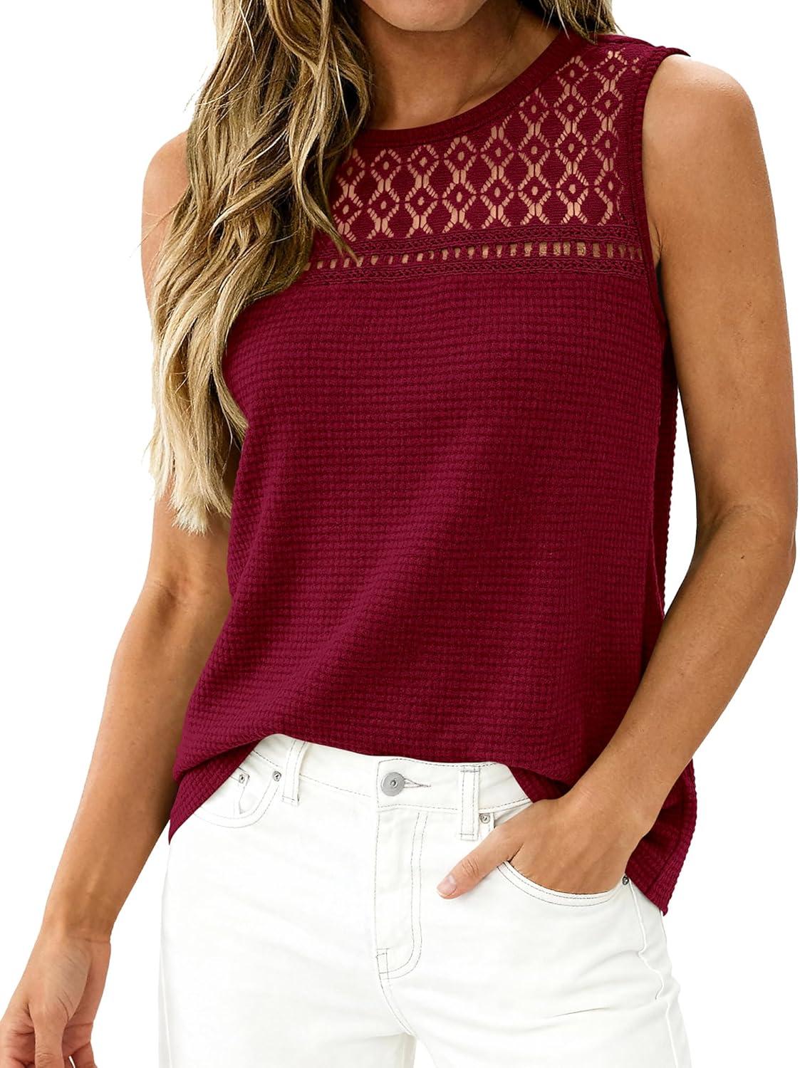 imageBTFBM Tank Top for Women 2026 Sleeveless Shirts Waffle Knit Vest Crew Neck Casual Outfits Loose Blouses Summer TopsBurgundy