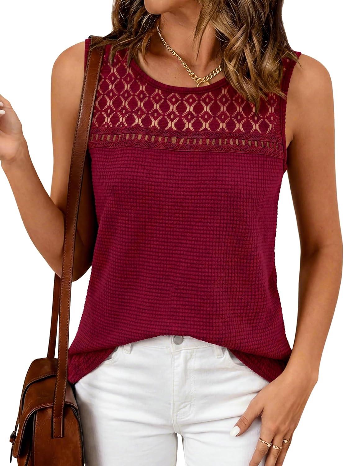 imageBTFBM Tank Top for Women 2026 Sleeveless Shirts Waffle Knit Vest Crew Neck Casual Outfits Loose Blouses Summer TopsBurgundy
