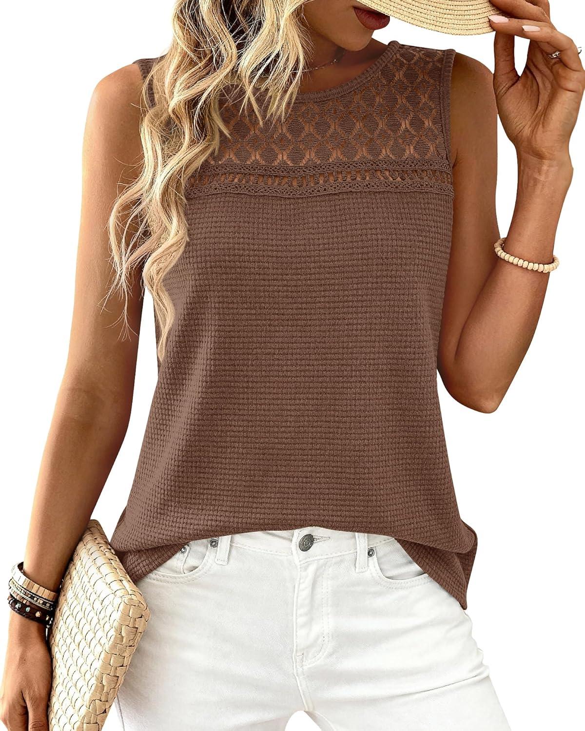 imageBTFBM Tank Top for Women 2026 Sleeveless Shirts Waffle Knit Vest Crew Neck Casual Outfits Loose Blouses Summer TopsCoffee